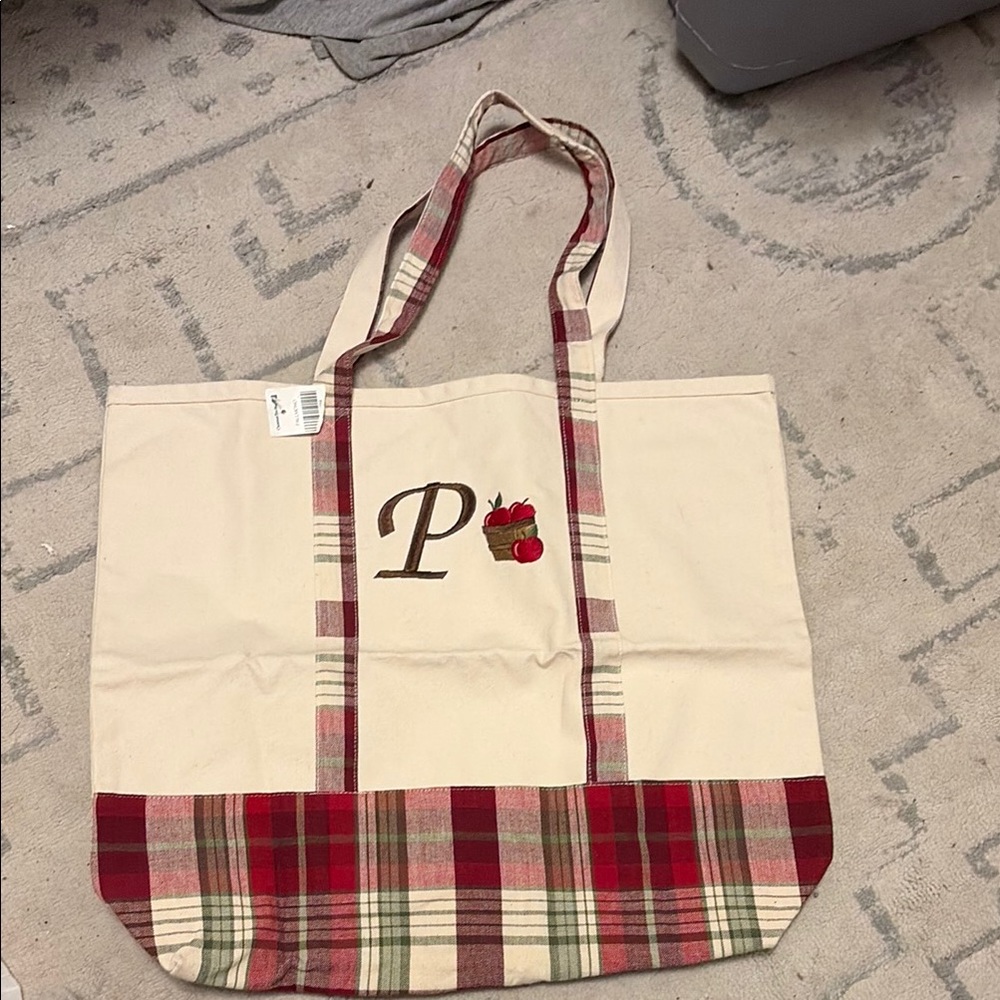 Canvas Tote Bag with Red Plaid Trim and Apple Monogram